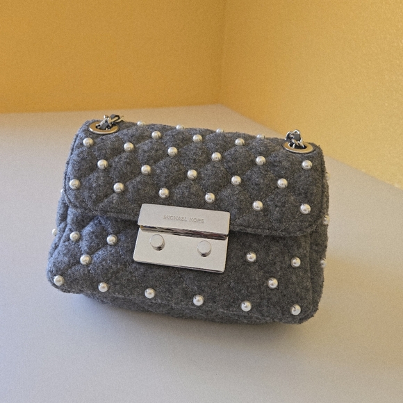 Michael Kors Sloan Small Quilted Wool Felt Pearl Embellished Chain Shoulder Bag - Picture 2 of 16